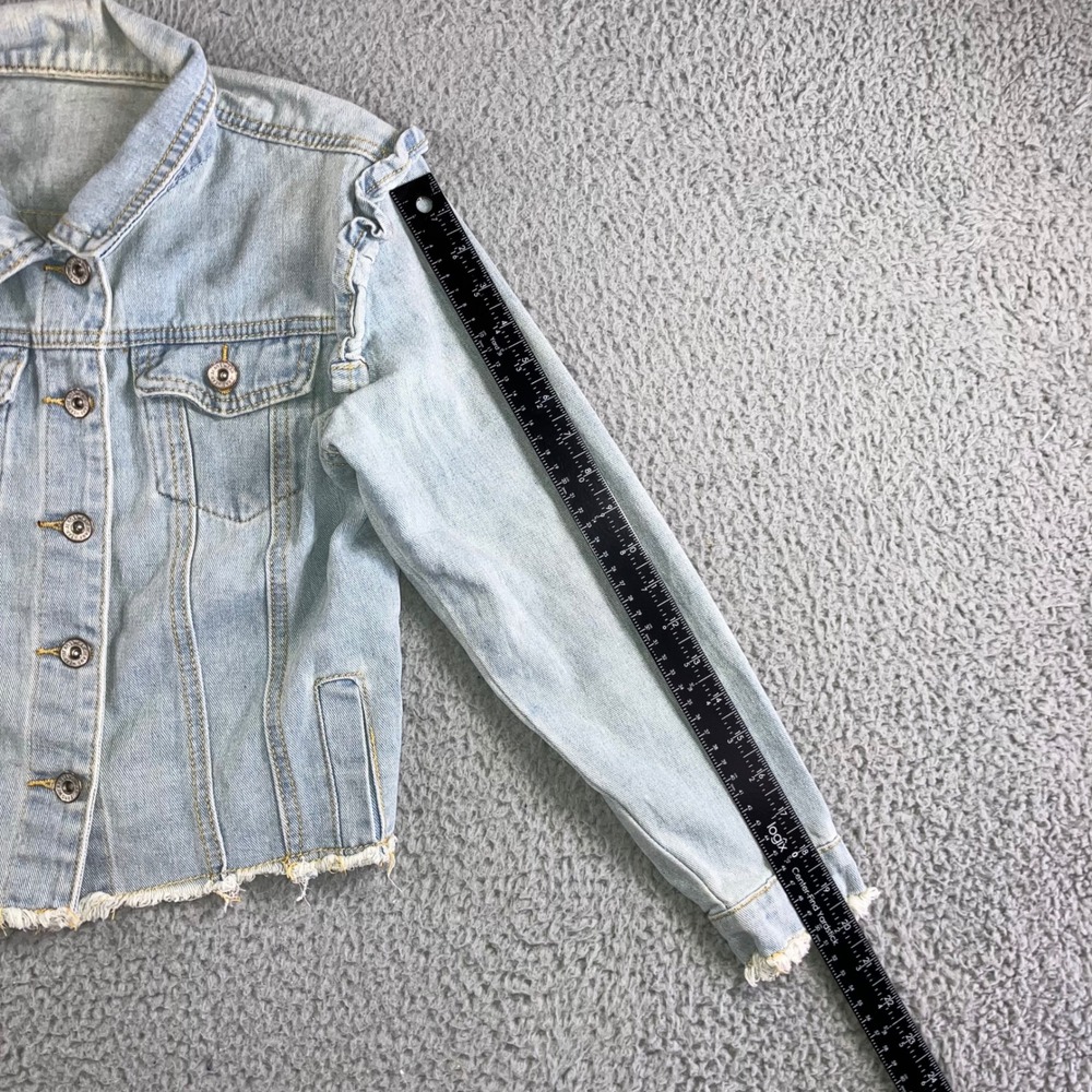 Ruffle Shoulder Denim Jacket Women S Light Wash Raw Hem Cropped Western Spring - Picture 11 of 12